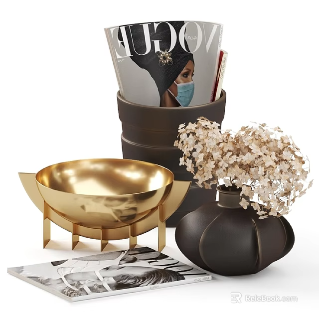 Elegant Carved Sculptural Decorations With Golden Bowl Black Vase White Flowers Magazines And Papers 3d model 