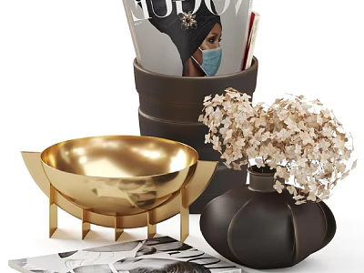Elegant Carved Sculptural Decorations With Golden Bowl Black Vase White Flowers Magazines And Papers 3d model