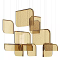 Modern Geometric Chandelier With Gold Frame And Transparent Mesh Shades Hanging In Layered Arrangement