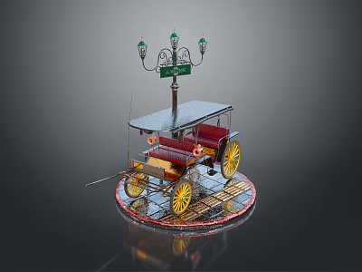 Detailed Vintage Carriage Model Display With Street Lamp Signpost And Platform 3d model