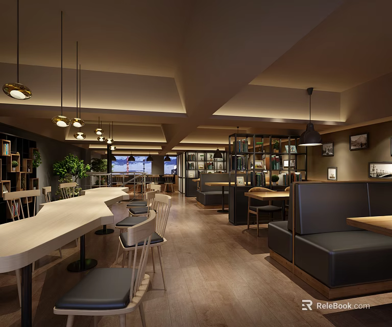 Cozy Milk Tea Shop Interior With Bar Booth Seats Bookshelves Hanging Lights And Green Plants 3d model 