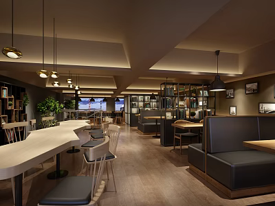 Cozy Milk Tea Shop Interior With Bar Booth Seats Bookshelves Hanging Lights And Green Plants 3d model