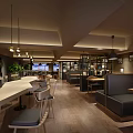 Cozy Milk Tea Shop Interior With Bar Booth Seats Bookshelves Hanging Lights And Green Plants