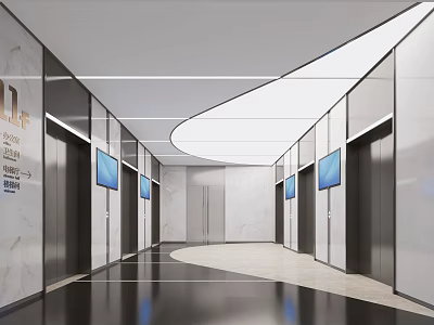 Modern Elevator Corridor With Marble Walls And Curved Ceiling Lights 3d model