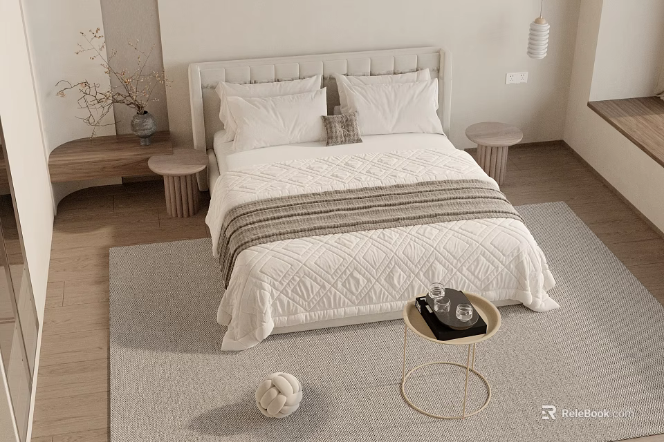 Double Bed Styling With Textured Quilt Striped Throw Side Tables And Beige Rug 3d model 