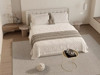Double Bed Styling With Textured Quilt Striped Throw Side Tables And Beige Rug 3d model