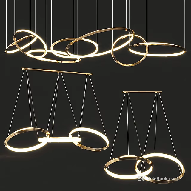 Modern Gold Circular Chandelier Design Featuring Illuminated Rings And Hanging Structure 3d model 