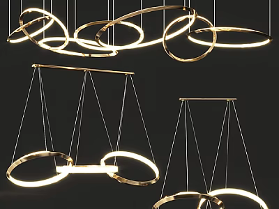 Modern Gold Circular Chandelier Design Featuring Illuminated Rings And Hanging Structure 3d model