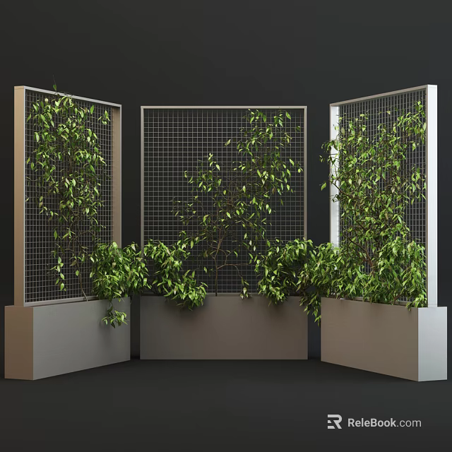 Stylish Garden Decor With Wire Mesh Panels And Green Plants In Gray Planters 3d model 