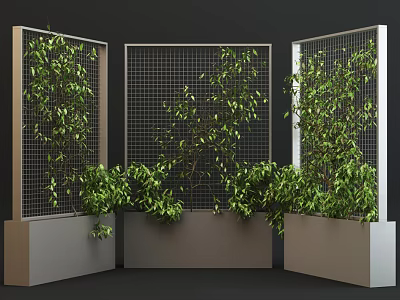 Stylish Garden Decor With Wire Mesh Panels And Green Plants In Gray Planters 3d model