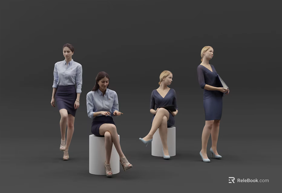 Professional Women In Business Attire Standing And Sitting In Various Poses 3d model 