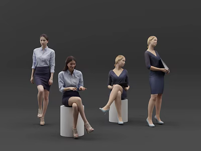 Professional Women In Business Attire Standing And Sitting In Various Poses 3d model