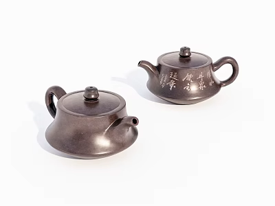 Traditional Chinese Purple Clay Teapots With Elegant Handwritten Calligraphy Design 3d model