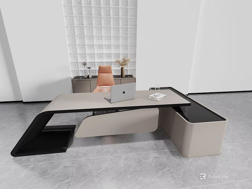 Modern Office Desk With Unique Black And Beige Design Laptop Documents And Orange Chair 3d model 