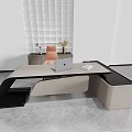 Modern Office Desk With Unique Black And Beige Design Laptop Documents And Orange Chair