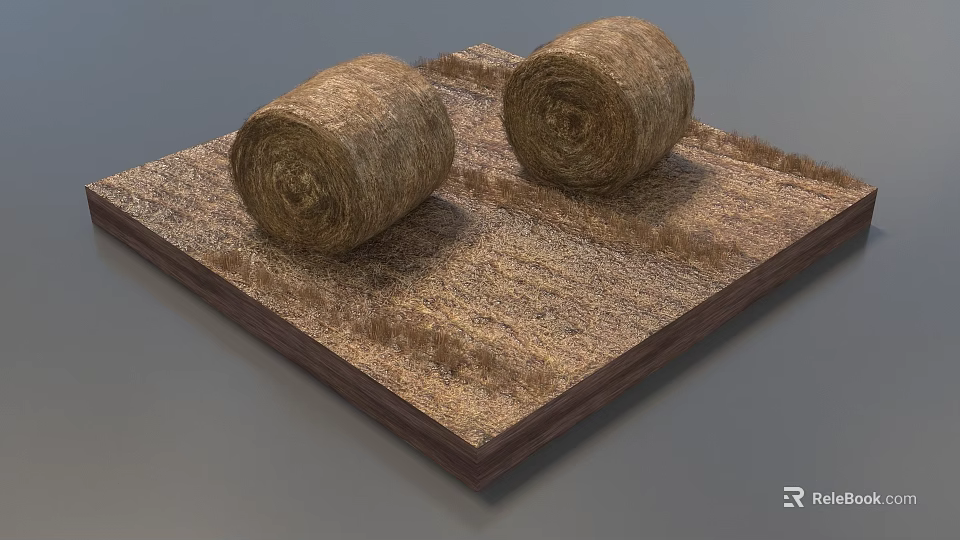 Two Round Hay Bales Placed On Square Wooden Base With Dry Straw 3d model 