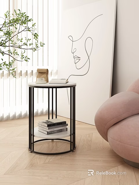 Modern Side Table With Marble Top Metal Frame Near Pink Sofa And White Line Art 3d model 