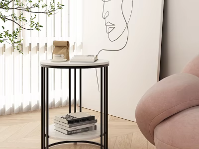 Modern Side Table With Marble Top Metal Frame Near Pink Sofa And White Line Art 3d model