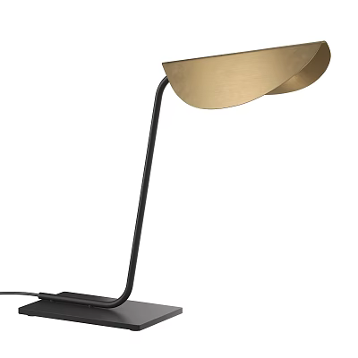 Modern Table Lamp With Black Curved Arm Golden Curved Shade And Square Base 3d model