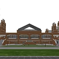 Red Brick School Building With Arched Windows Front Lawn And Symmetrical Towers Grand Facade Design