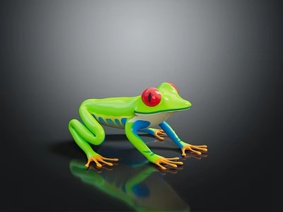 Vibrant Green Frog with Red Eyes Blue Legs and Orange Toes on Dark Reflective Surface 3d model
