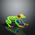 Vibrant Green Frog with Red Eyes Blue Legs and Orange Toes on Dark Reflective Surface