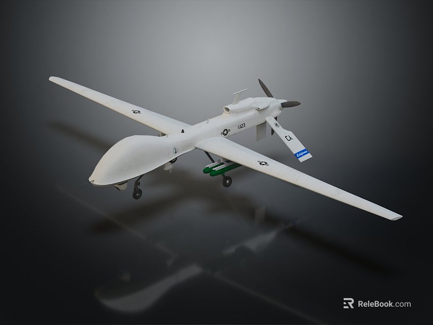 Military Fighter Drone With Long Wings Propeller And Underwing Hardpoints On Dark Background 3d model 