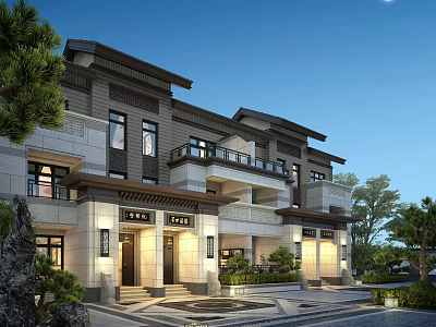 Modern Chinese Townhouse Exterior With Stone Facade Balconies Courtyard And Greenery Design 3d model