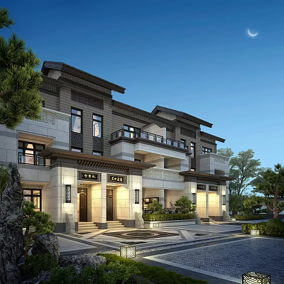 Modern Chinese Townhouse Exterior With Stone Facade Balconies Courtyard And Greenery Design 3d model