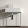 Modern Minimalist Bathroom Washbasin With White Sink Metal Stand Faucet And Wooden Floor