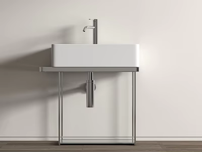 Modern Minimalist Bathroom Washbasin With White Sink Metal Stand Faucet And Wooden Floor 3d model