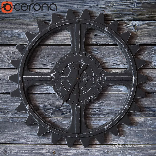 Industrial Style Black Gear Shaped Decorative Clock on Rustic Wooden Wall 3d model 