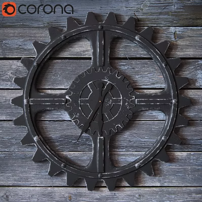 Industrial Style Black Gear Shaped Decorative Clock on Rustic Wooden Wall 3d model
