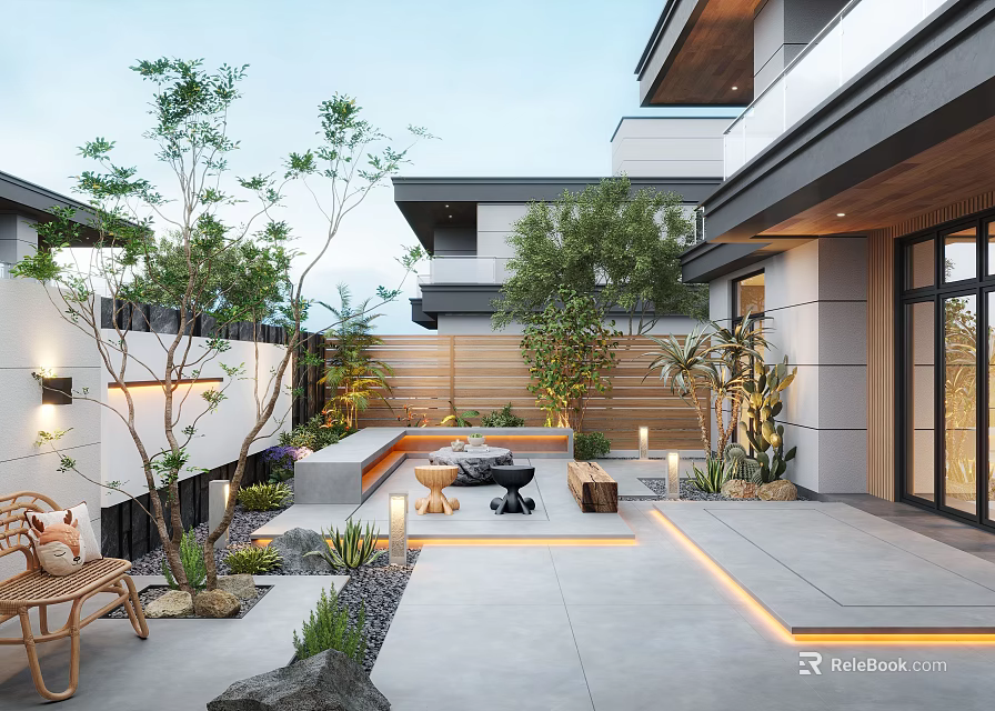 Modern Garden Patio Design Featuring Seating Area Fire Pit Plants Lighting and Wooden Fence 3d model 