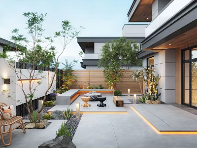 Modern Garden Patio Design Featuring Seating Area Fire Pit Plants Lighting and Wooden Fence 3d model