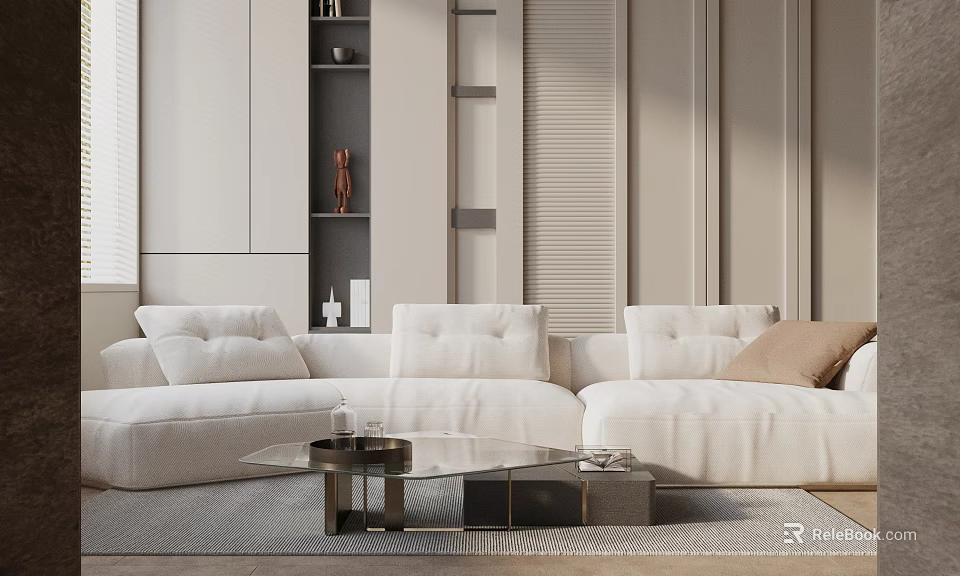 Modern White Sofa With Glass Coffee Table And Decorative Pillows In Minimalist Living Room 3d model 