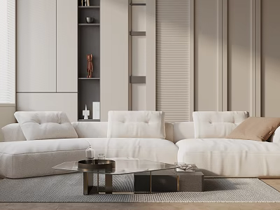 Modern White Sofa With Glass Coffee Table And Decorative Pillows In Minimalist Living Room 3d model