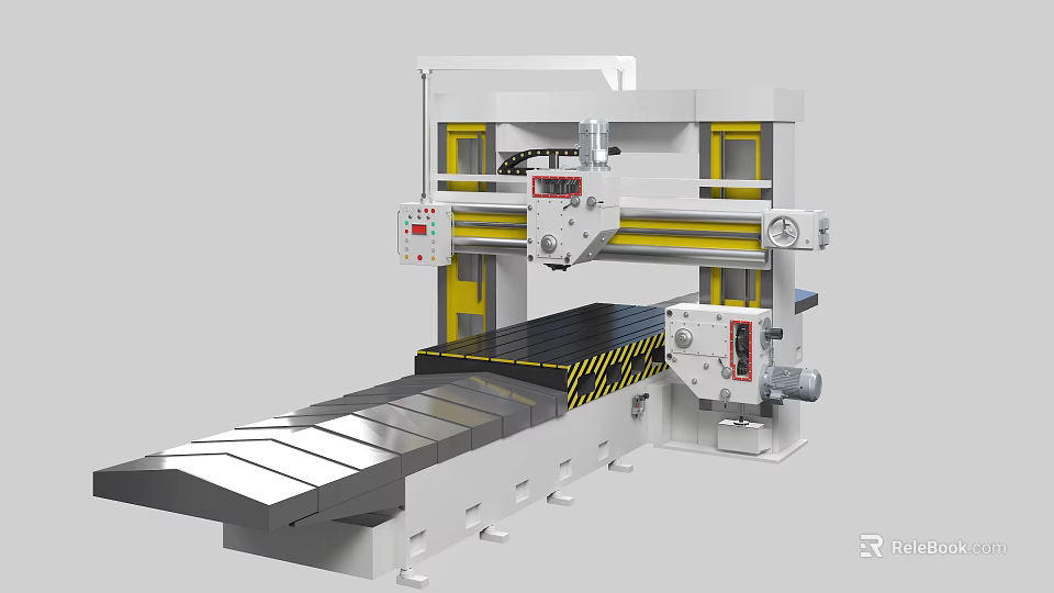 Large Industrial Gantry Milling Machine With White Body Yellow Stripes Worktable And Control Panel 3d model 