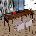 Wooden Tea Table And Upholstered Chairs With Tea Set Curtains White Walls Wooden Floor