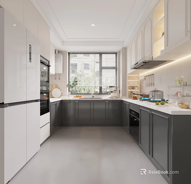 Open Layout Kitchen Interior With White Cabinets Gray Countertops Window And Appliances 3d model