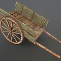 Vintage Old Wooden Cart With Green Planks And Large Worn Wheel