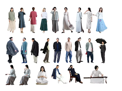 Group Of People In Various Traditional And Modern Outfits With Different Poses Standing Sitting 3d model