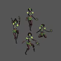 Tribal Fantasy Character Creature Design with Green Ornaments and Multiple Dynamic Poses