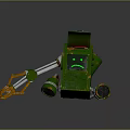 Scratched Green Smart Robot With Orange Mechanical Arm Sad Face Display And Wheels
