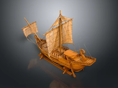 Ancient Wooden Sailing Ship Model with Sails Cabin and Display Stand 3d model