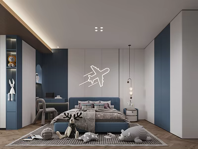Blue White Kids Room With Airplane Wall Decor Bed Plush Toys Study Desk And Carpet 3d model