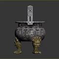 Ancient Metal Tripod Cauldron With Golden Animal Shaped Legs Carved Patterns And Two Side Handles