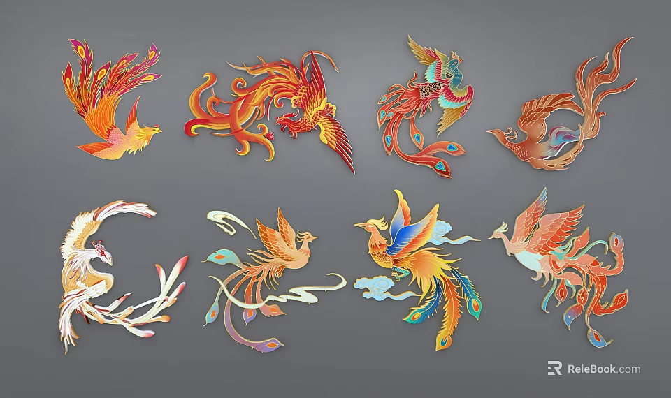 Colorful Phoenix Themed Wall Decor With Vibrant Feather Designs And Artistic Patterns 3d model 