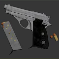 Semi Automatic Silver Pistol With Magazine And Bullets On Dark Surface 3d model