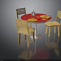 Round Red Dining Table With Three Wooden Chairs And Fast Food On Top